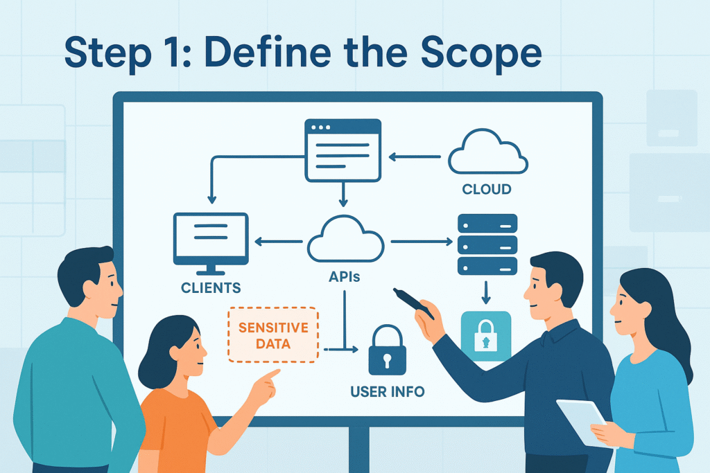 Image of a team discussing the scope of a threat modeling exercise, including cloud infrastructure, APIs, sensitive data, and user information.