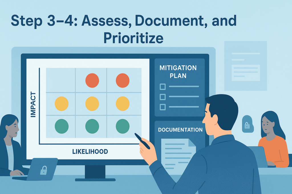 Image depicts a team discussing threat modeling, evaluating impact and likelihood, and developing a mitigation plan and documentation for the identified threats.