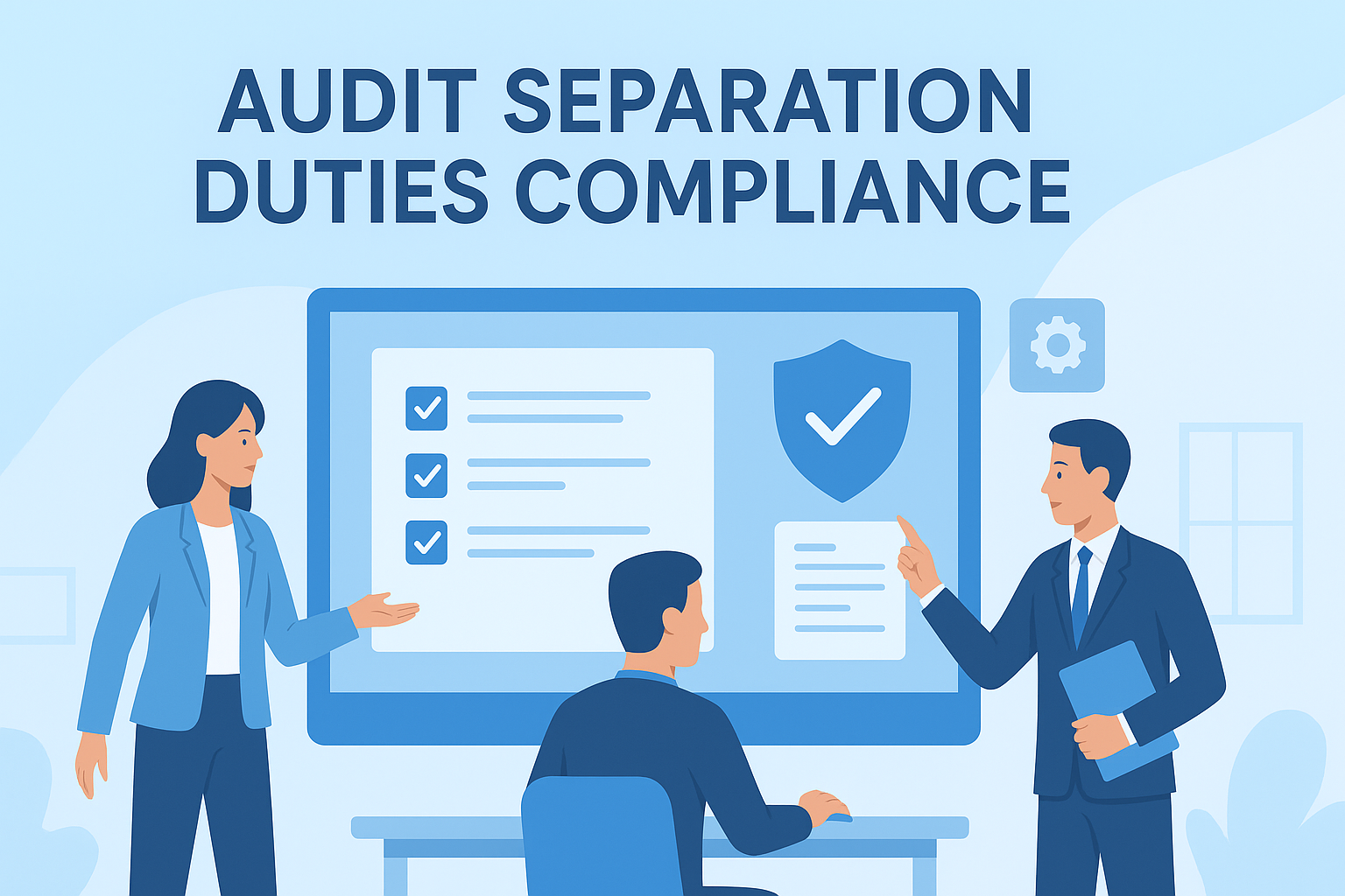 Illustration depicting the concept of audit separation duties and compliance, featuring business professionals discussing policies and regulations.