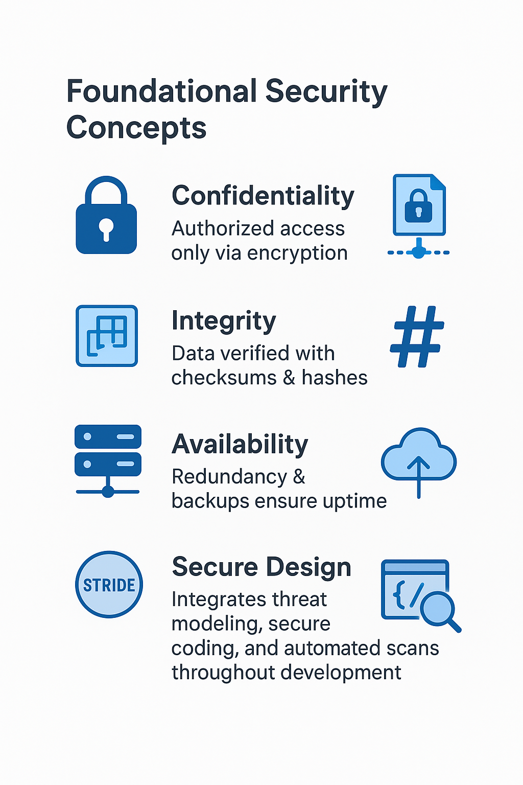 Graphic showcases essential security tenets such as data verification, threat modeling, and automated scans.