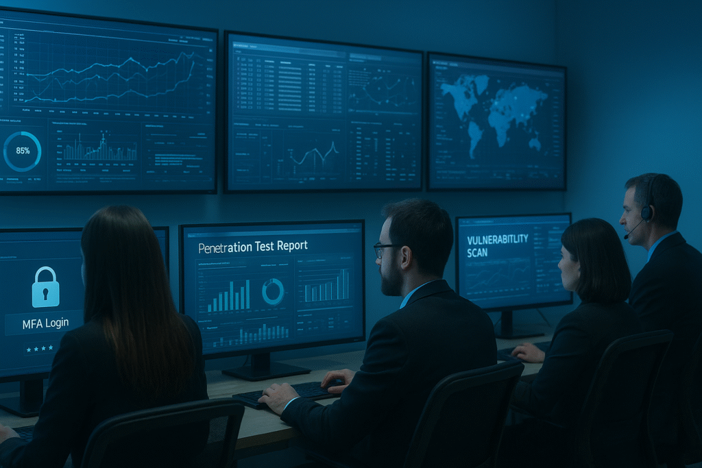 Image depicts a security operations center monitoring various dashboards and vulnerability scans to ensure robust system defenses.