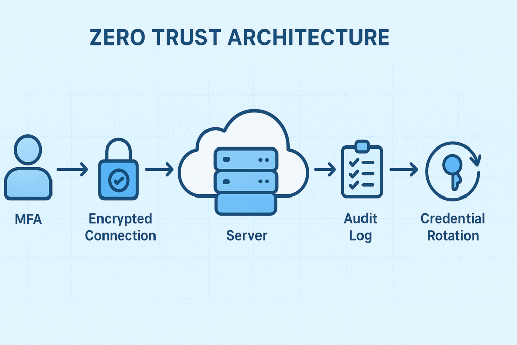 Graphic illustrates the components of a zero trust architecture, showcasing fundamental security principles like authentication and authorization.