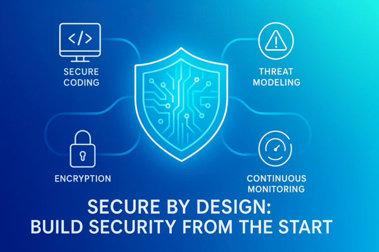 Cybersecurity blueprint - secure coding, encryption, threat modeling, and continuous monitoring.
