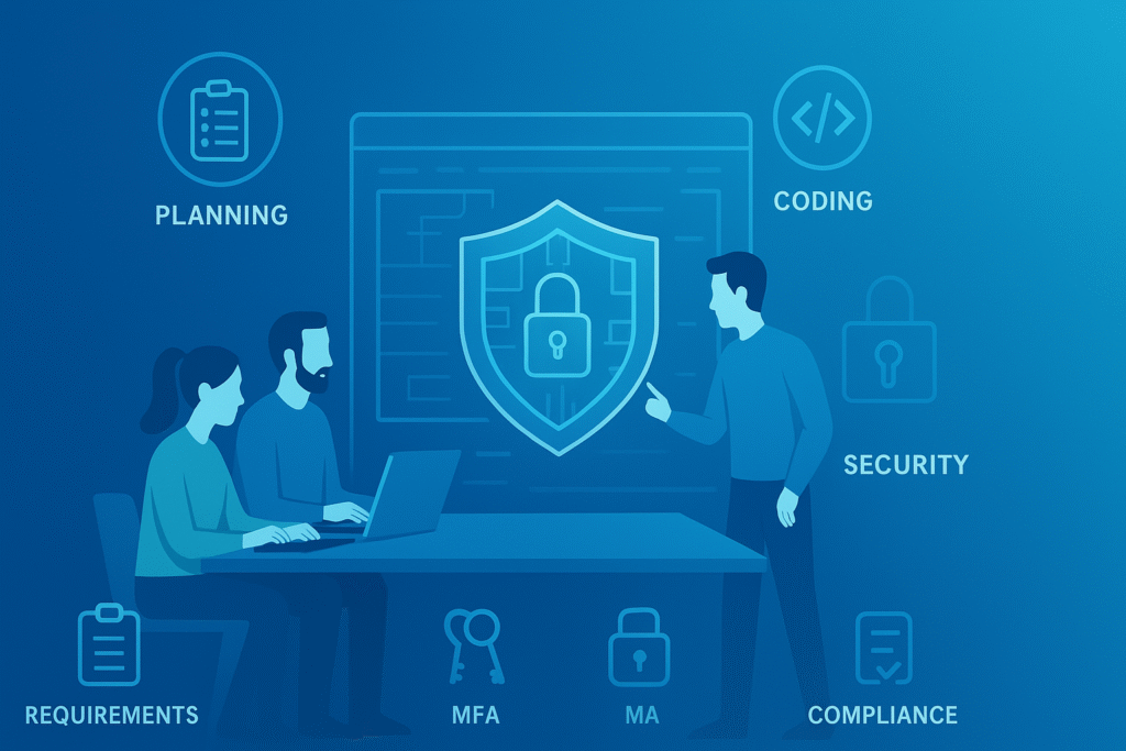 Layered security strategy from the ground up - requirements, planning, coding, authentication, and compliance.