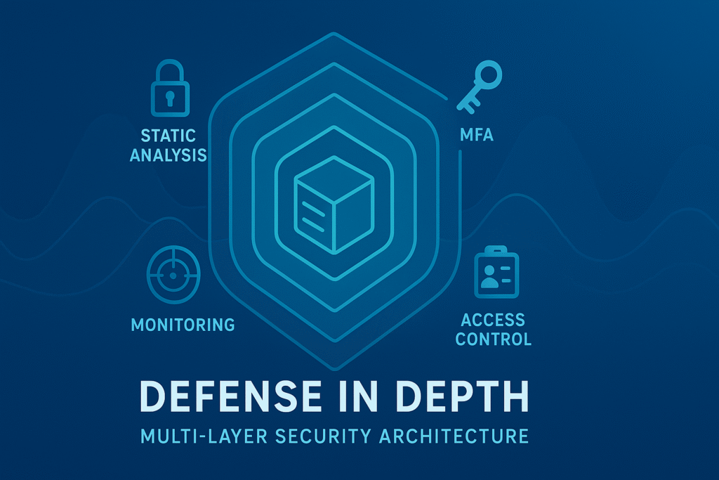 Integrated security measures - static analysis, MFA, monitoring, and access control as part of the secure design.
