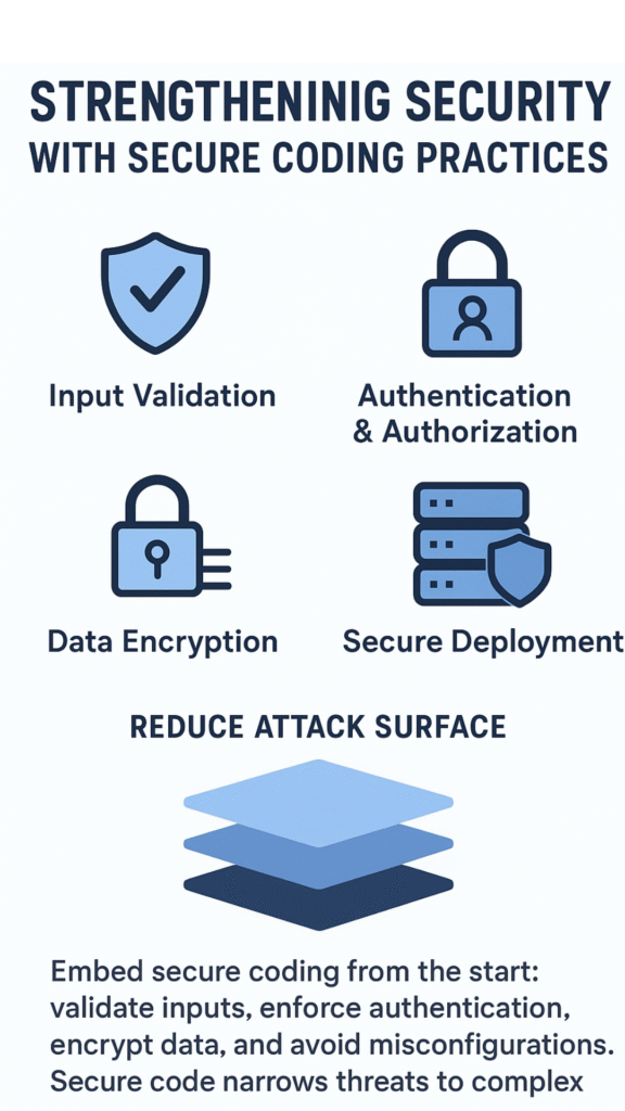 Infographic highlighting secure coding practices for strengthening application security, including input validation, authentication, data encryption, and secure deployment to reduce attack surface.