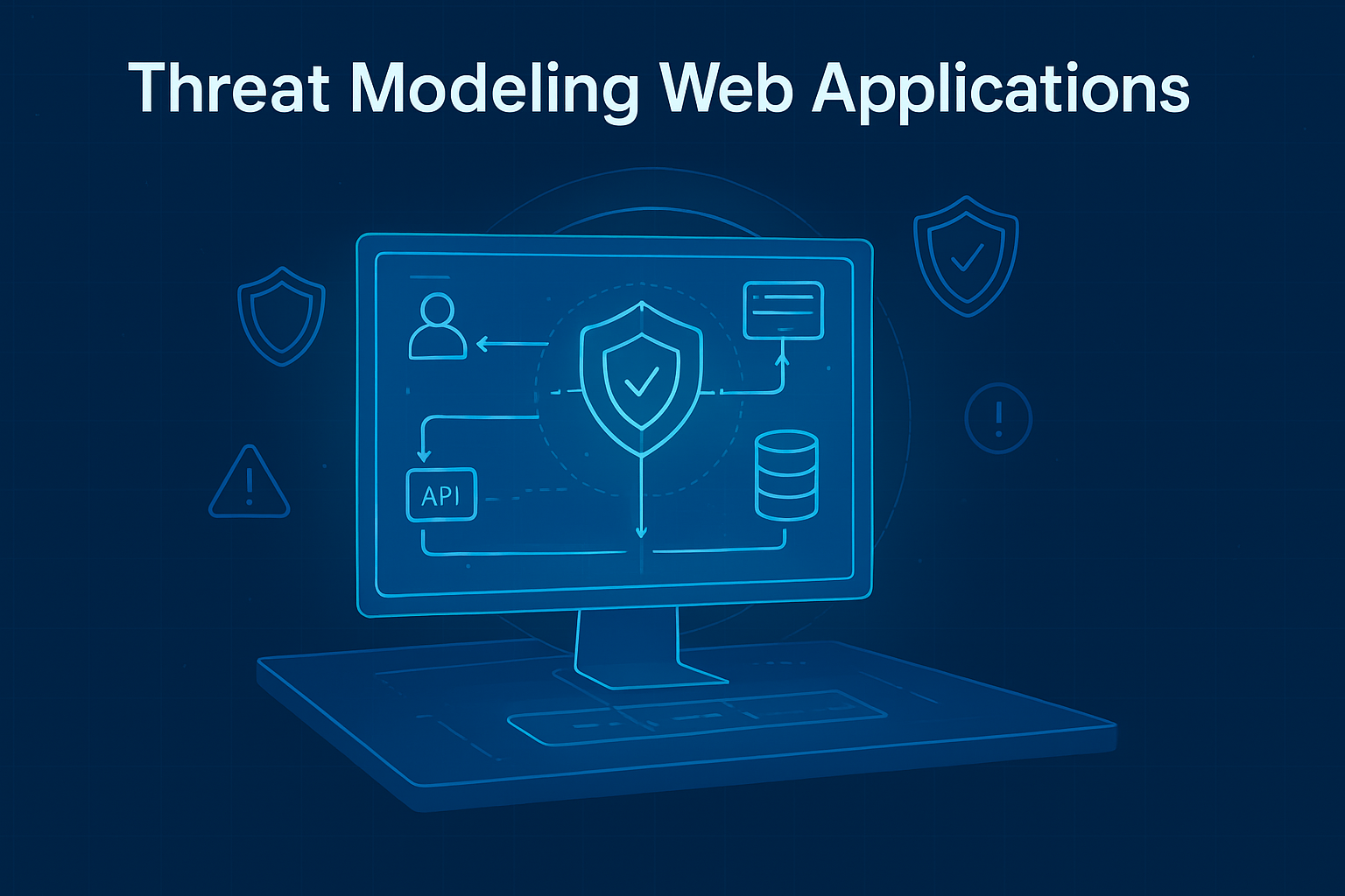 Illustration of a computer screen with icons representing threat modeling for web applications, including an API, shield, and database symbols.