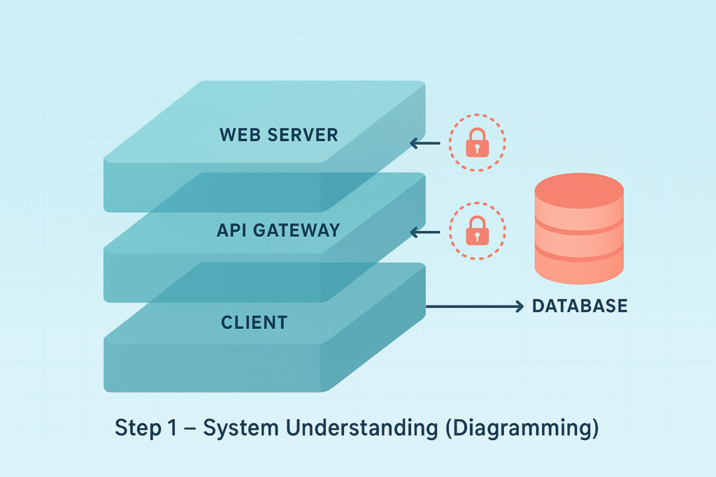 Architectural diagram illustrating the components of a web application system, including a web server, API gateway, client, and database, highlighting the need for threat modeling.