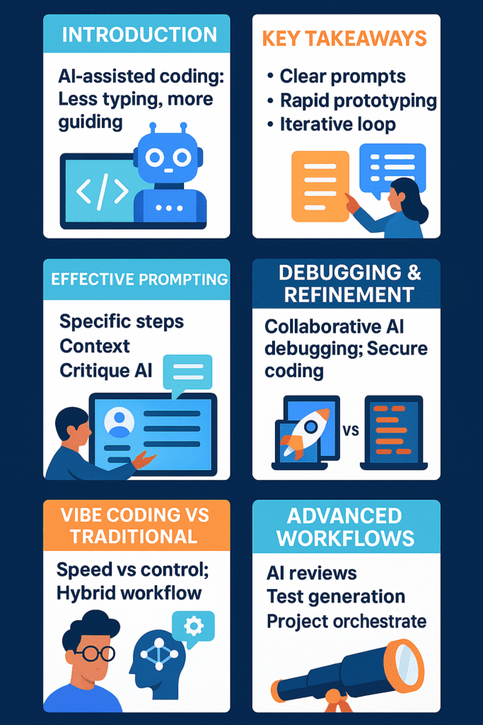 A vertical six-panel infographic explaining "Vibe Coding." Sections include Introduction, Key Takeaways, Effective Prompting, Debugging & Refinement, Vibe Coding vs Traditional, and Advanced Workflows, each accompanied by a relevant icon.