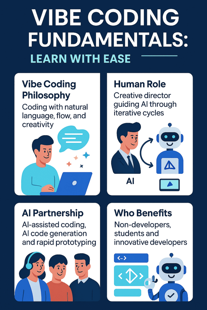 An infographic titled "Vibe Coding Fundamentals: Learn With Ease" featuring four panels explaining the "Vibe Coding Philosophy" of using natural language, the "Human Role" as a creative director, the "AI Partnership" for rapid prototyping, and "Who Benefits," highlighting non-developers and students.