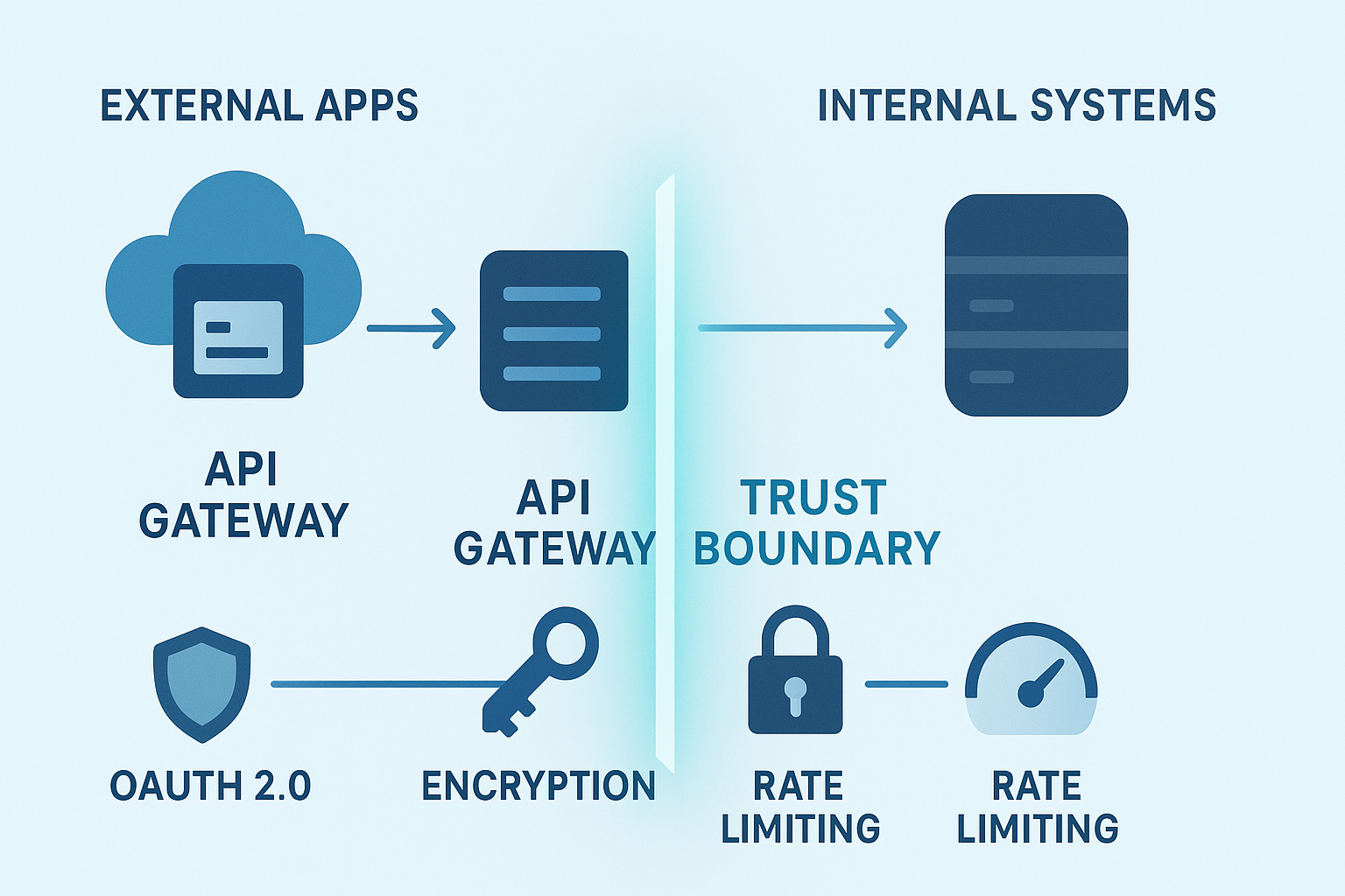 Establishing trust boundaries with API gateways, encryption, and rate limiting to protect internal and external systems.