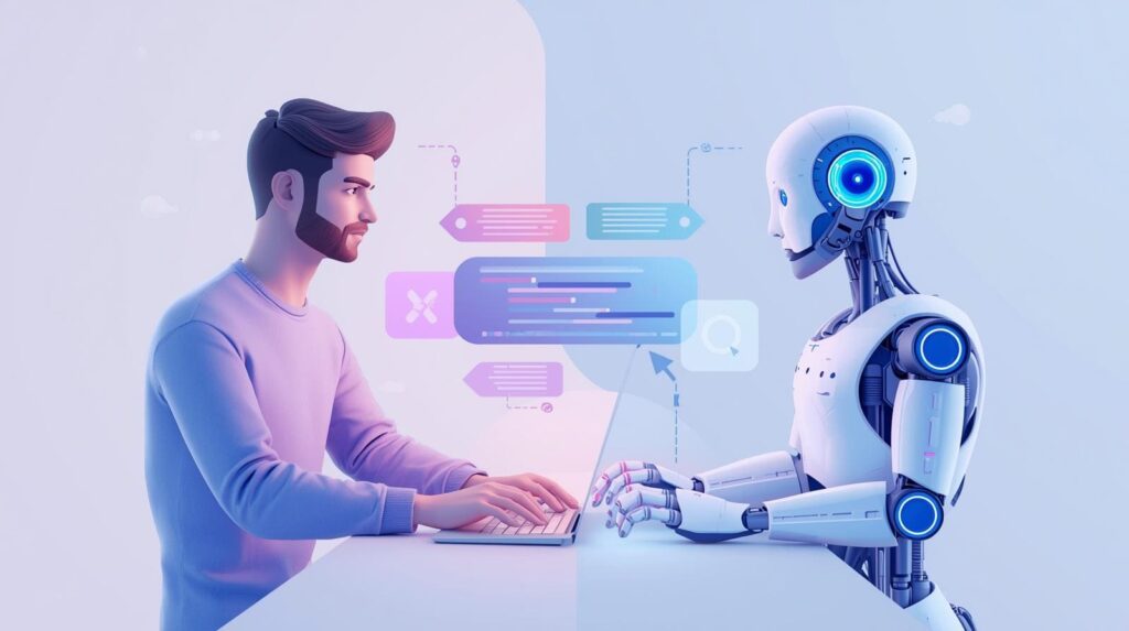 A split-screen illustration showing a human man on the left and a humanoid robot on the right facing each other; both are typing on keyboards with floating digital interface elements, chat bubbles, and code snippets connecting them in the center.