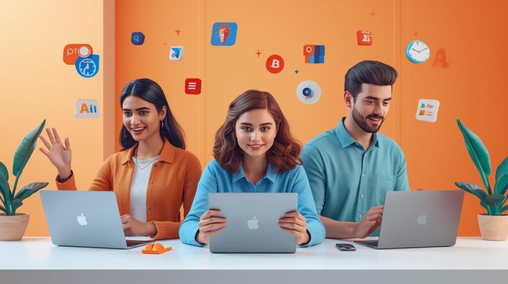 Three smiling professionals sitting side-by-side at a white desk using laptops, set against a vibrant orange background decorated with floating 3D icons representing social media, email, and productivity tools.