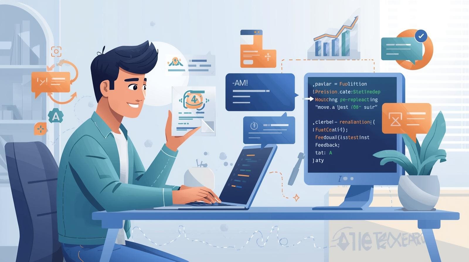 A flat vector illustration of a male developer sitting at a blue desk, typing on a laptop. He is surrounded by floating digital icons representing code snippets, documents, and analytics charts in a blue and orange color scheme.