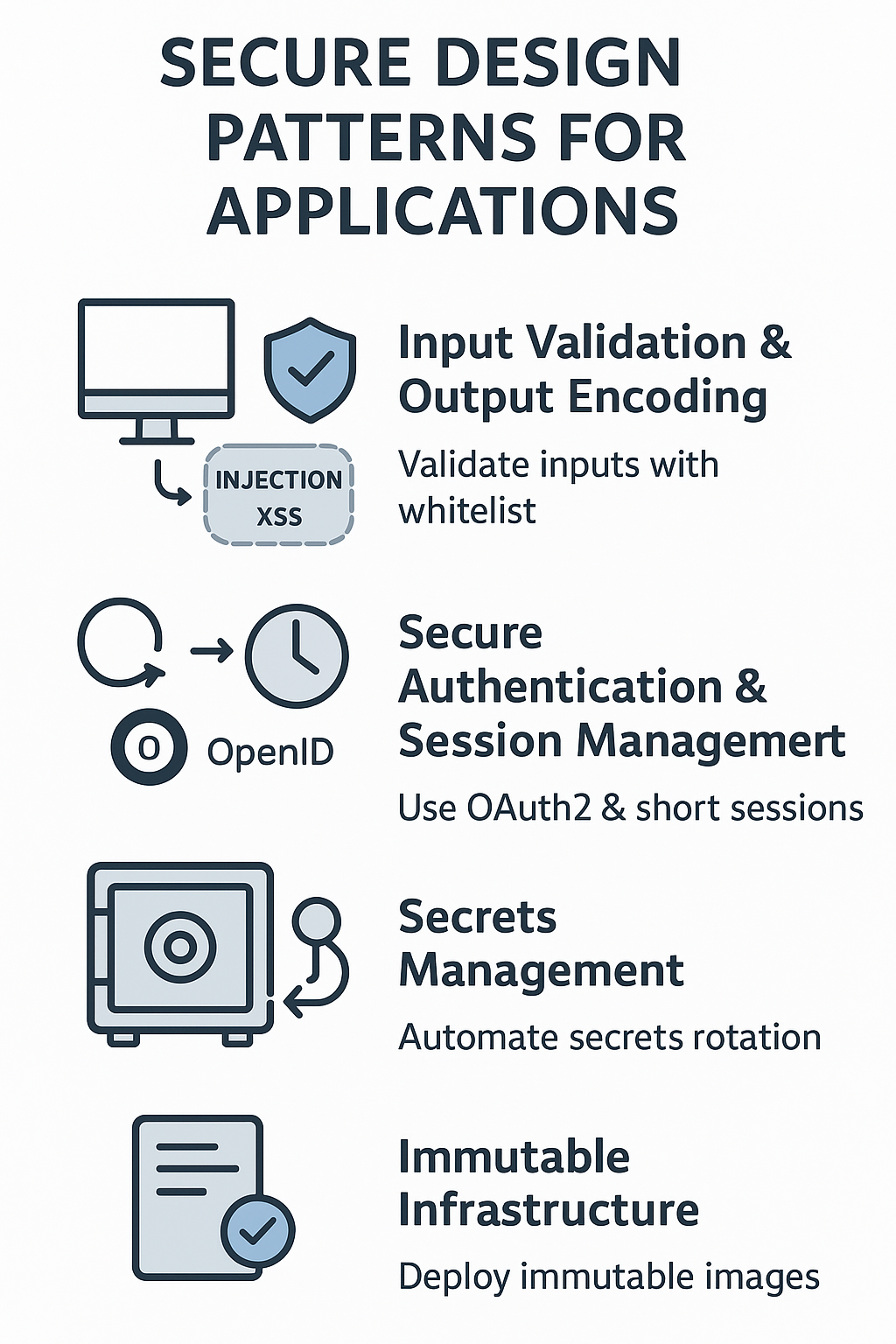Infographic illustrating secure design patterns for applications, including input validation, authentication, and infrastructure.
