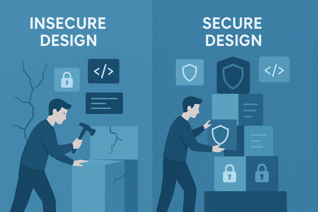 Contrasting illustrations of insecure and secure system designs, highlighting the importance of secure architecture.