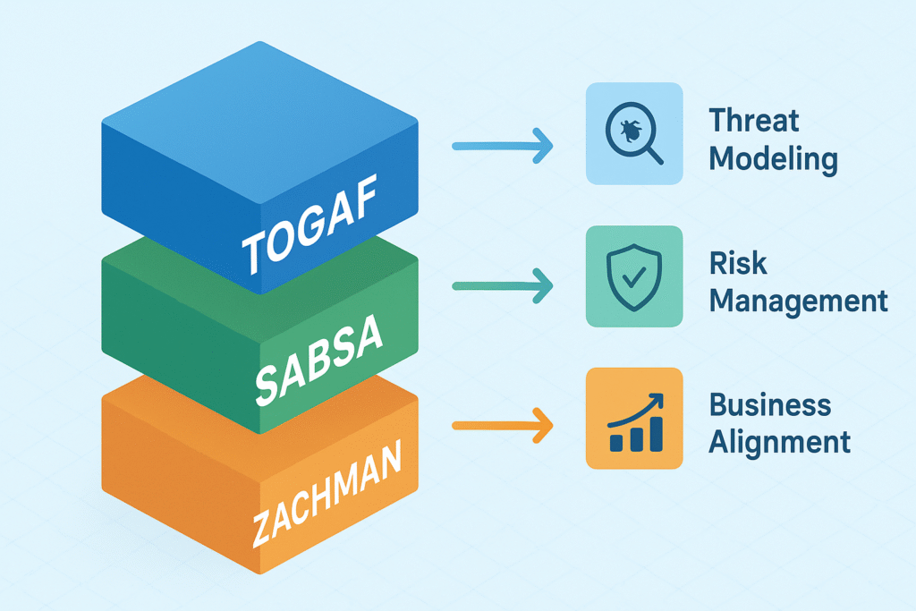 Conceptual image showcasing the integration of various security methodologies, such as TOGAF, SABSA, and Zachman, for secure system design.