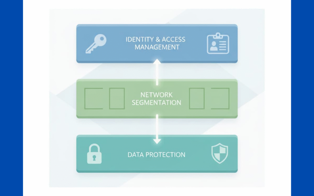 Conceptual diagram highlighting the key elements of a secure architecture: identity management, network segmentation, and data protection.