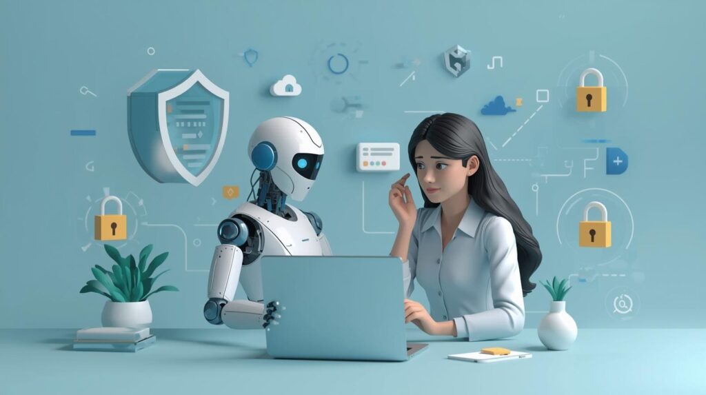 A 3D illustration of a woman working on a laptop next to a white robot, surrounded by floating blue cybersecurity icons including shields, padlocks, and cloud symbols against a clean blue background.