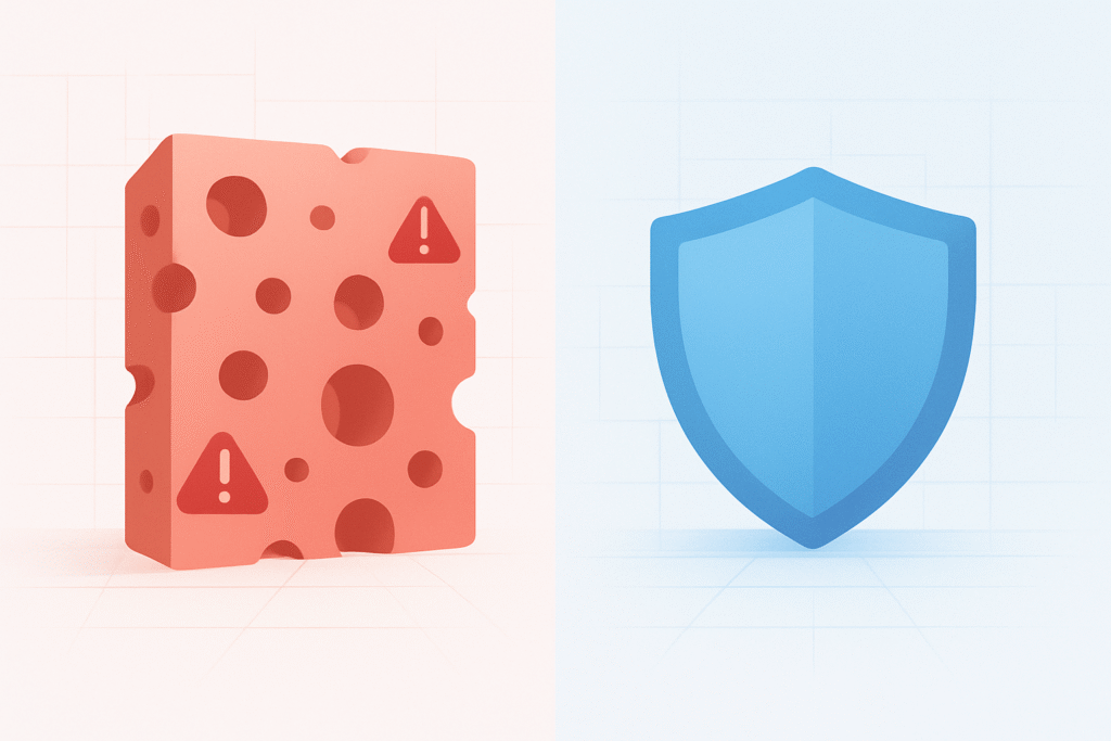 Minimalist security design - a solid shield defends against the vulnerabilities of an intricate, problematic object.

