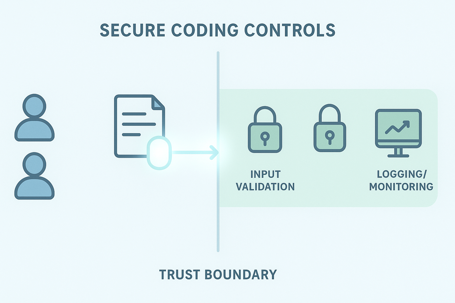 Visual representation of the trust boundary in a secure coding environment, highlighting key controls like validation and monitoring.