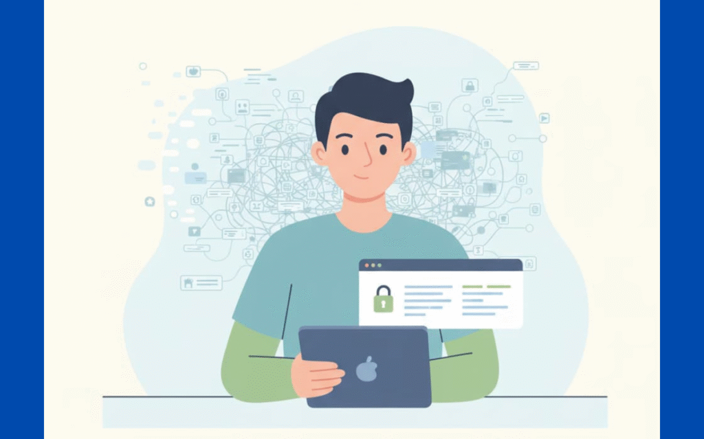 A person using a simple, secure interface amidst a complex digital landscape, emphasizing user-friendly design.