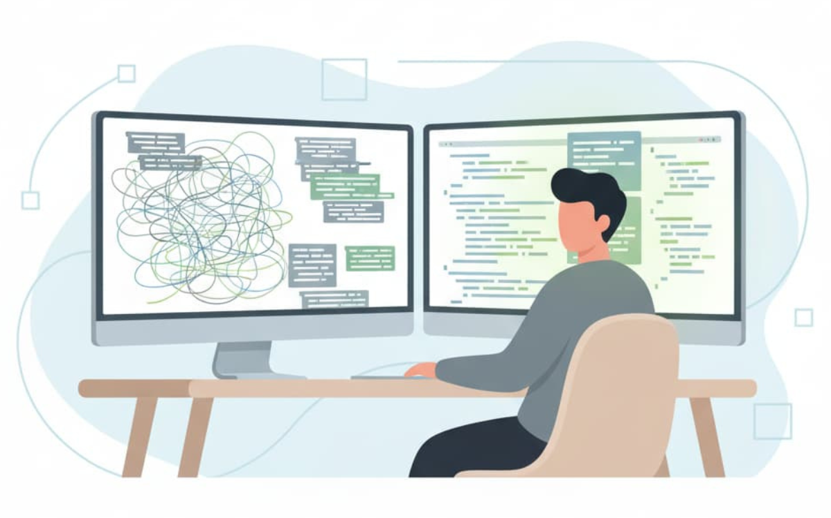 Programmer reviewing complex code on dual monitors, optimizing for efficiency and security.