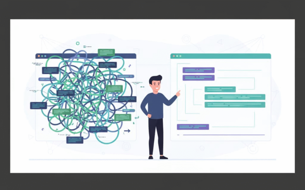 Developer analyzing intricate programming logic on multiple screens to streamline and safeguard the codebase.