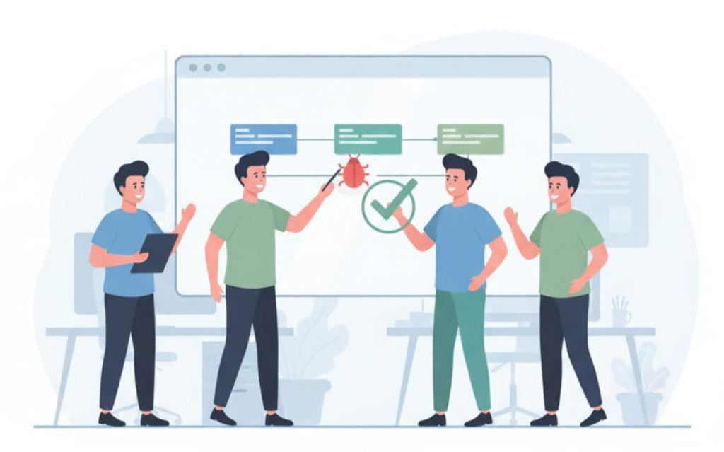 Software engineers reviewing program flow diagrams, discussing ways to streamline the application and improve its overall security.