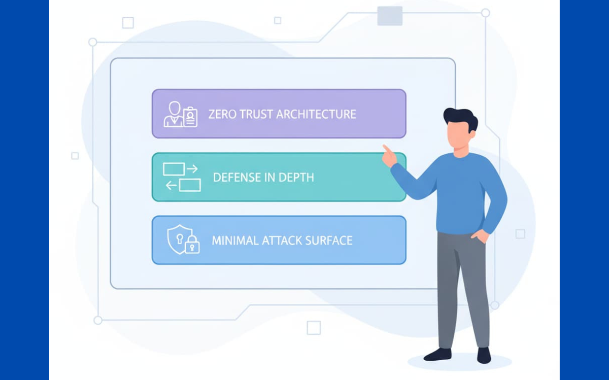 Illustration depicting three key principles of zero-trust architecture: defense in depth, minimal attack surface, and zero trust.