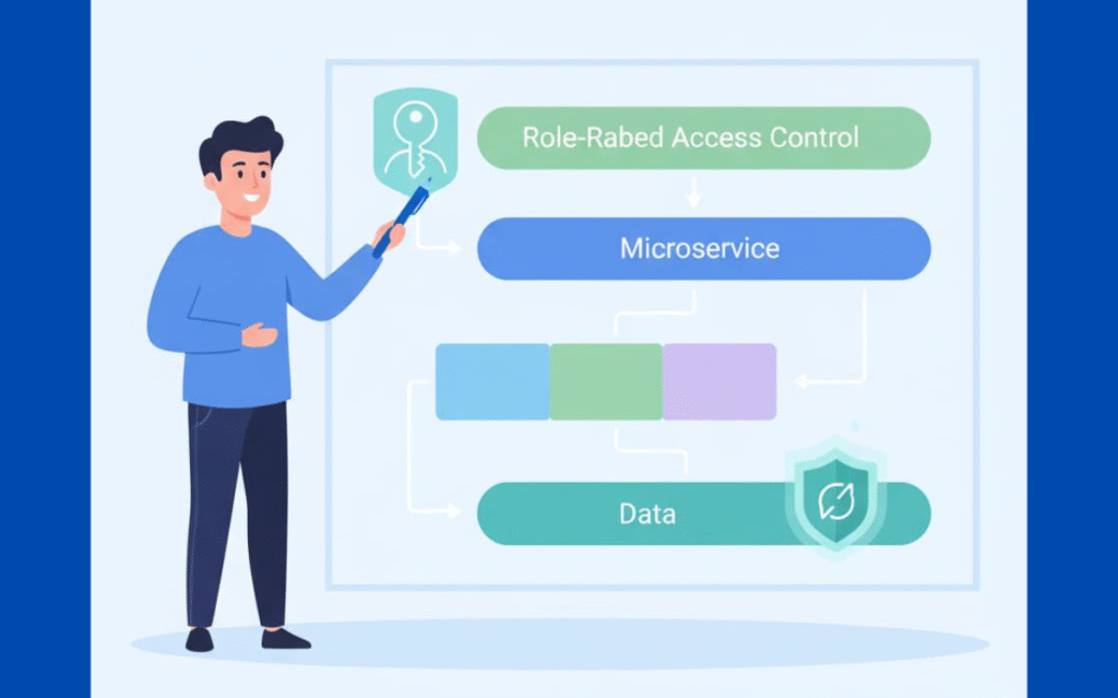Illustration depicting key elements of a secure architecture: role-based access control, microservices, and data protection.