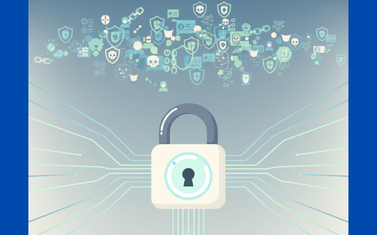 A simple, intuitive lock design cutting through a cluttered array of security icons, emphasizing elegant solutions.