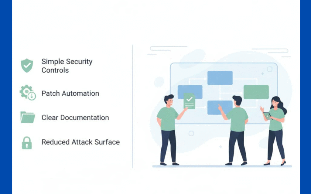 Optimizing security through simple safeguards, automated updates, and clear documentation for an efficient and user-friendly approach.