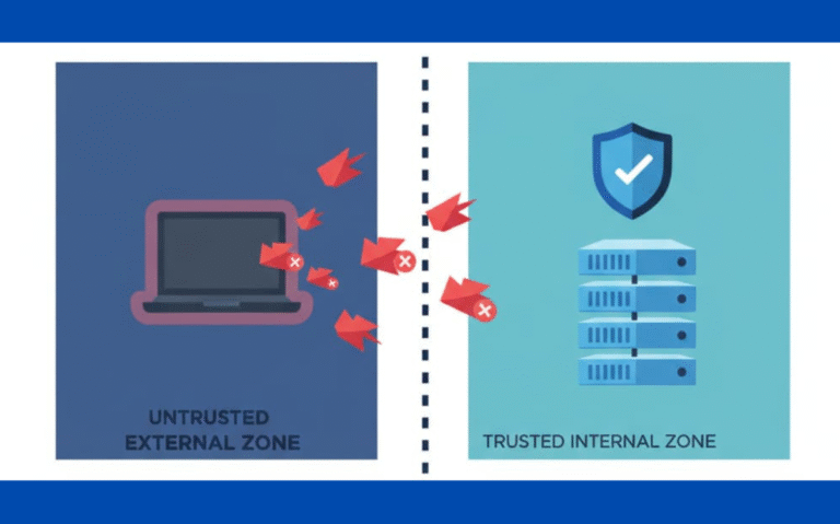 Untrusted external zone with threats, versus protected trusted internal zone.