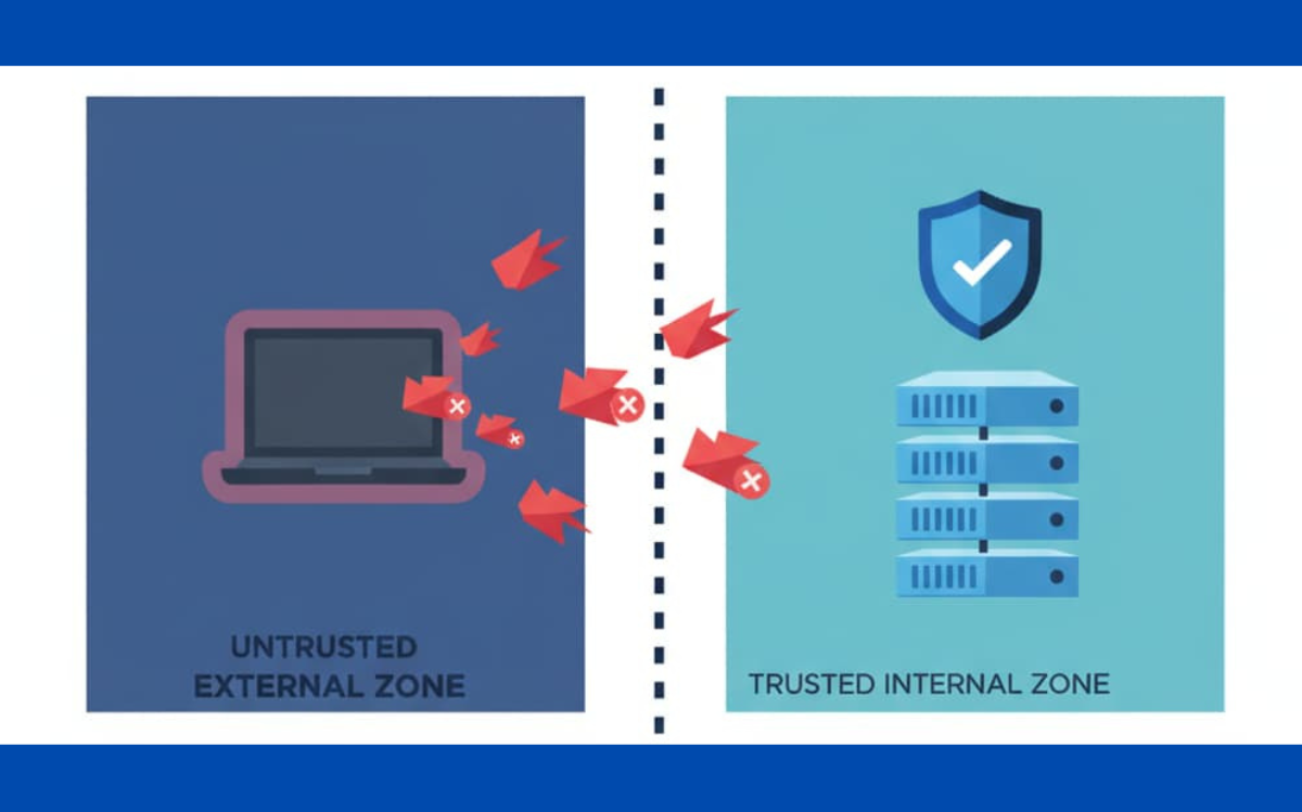 Untrusted external zone with threats, versus protected trusted internal zone.