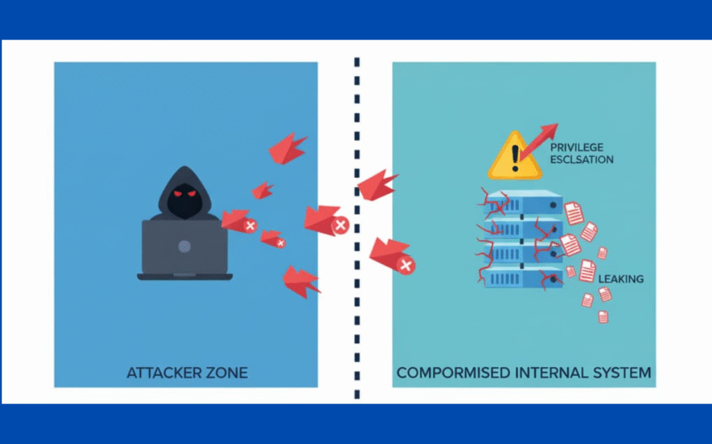 Illustration depicts an attacker zone and a compromised internal system, highlighting the need for secure boundaries.
