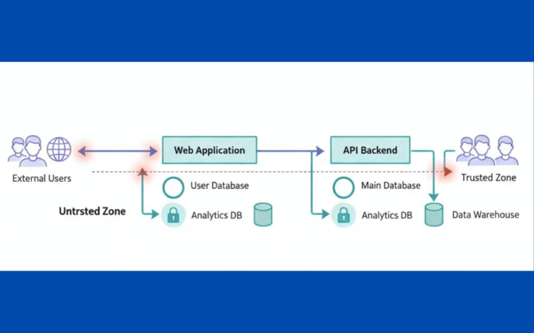 Data flow diagram depicting the trust boundaries and security measures implemented across the web application, API backend, and connected databases.