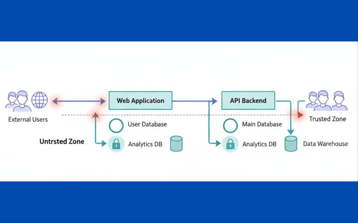 Data flow diagram depicting the trust boundaries and security measures implemented across the web application, API backend, and connected databases.