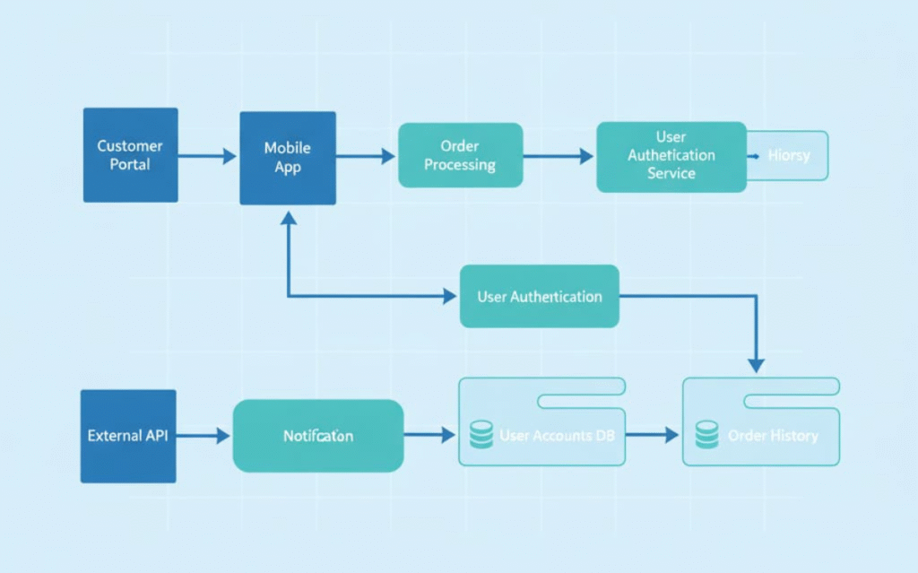 Secure data flow in a mobile app-based customer portal with user authentication and order history.
