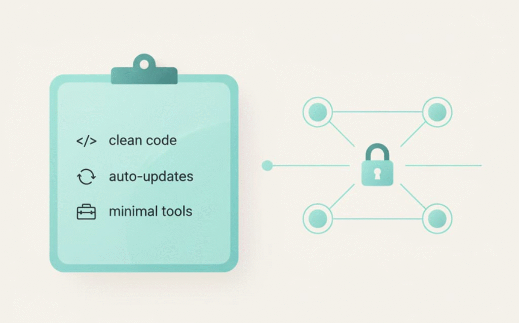 Simplified security approach with a focus on clean code, automatic updates, and limited toolset for enhanced protection.