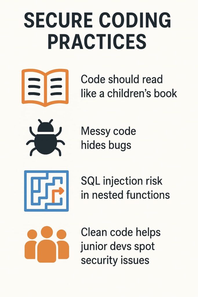 Infographic highlighting essential secure coding practices for simplified, bug-free software development.