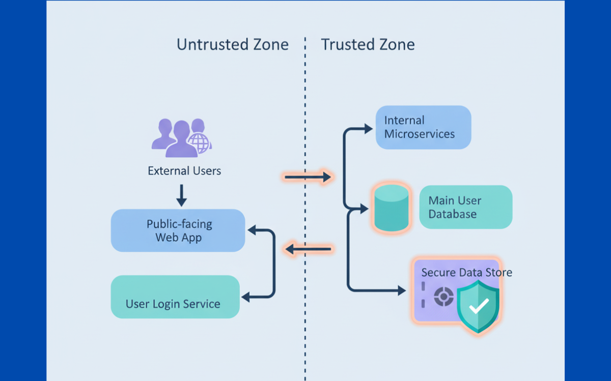 Visualizing the importance of trust boundaries in threat modeling for secure web application architecture.