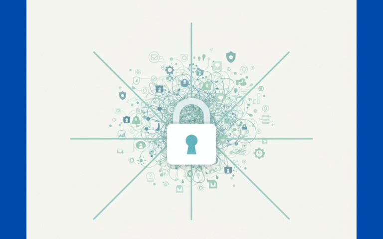 Simplified security design with a centralized lock icon and interconnected elements for enhanced protection.