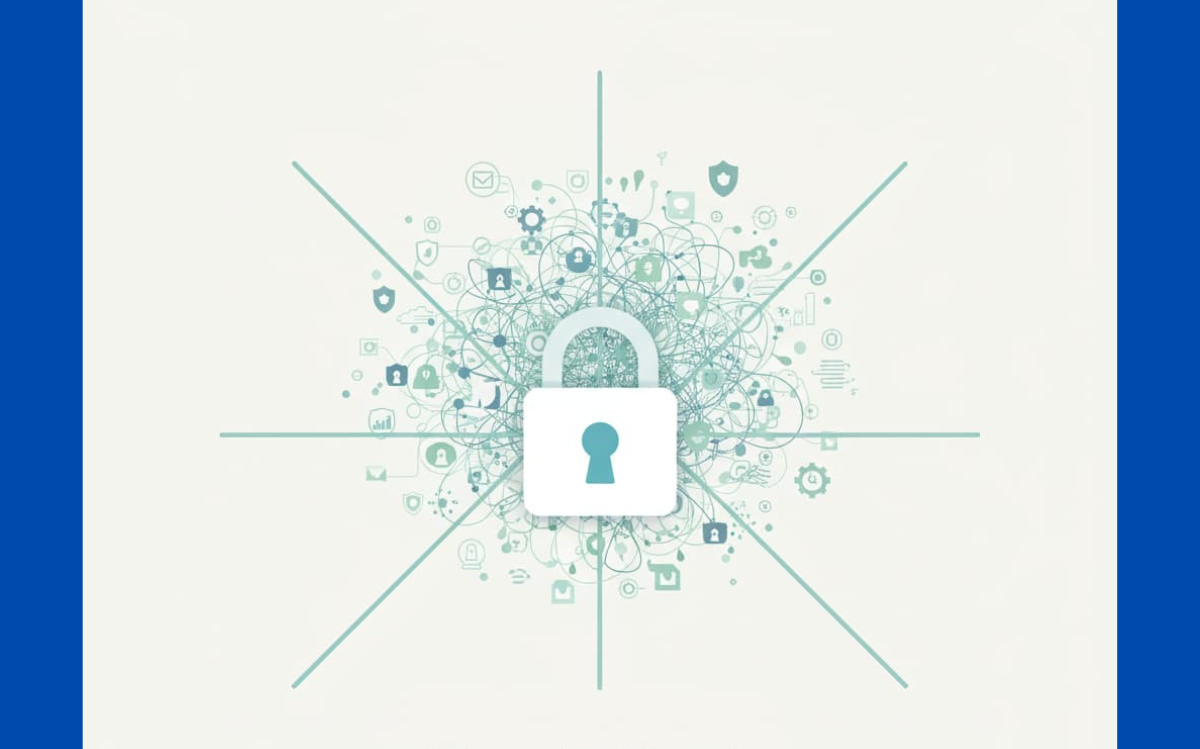 Simplified security design with a centralized lock icon and interconnected elements for enhanced protection.