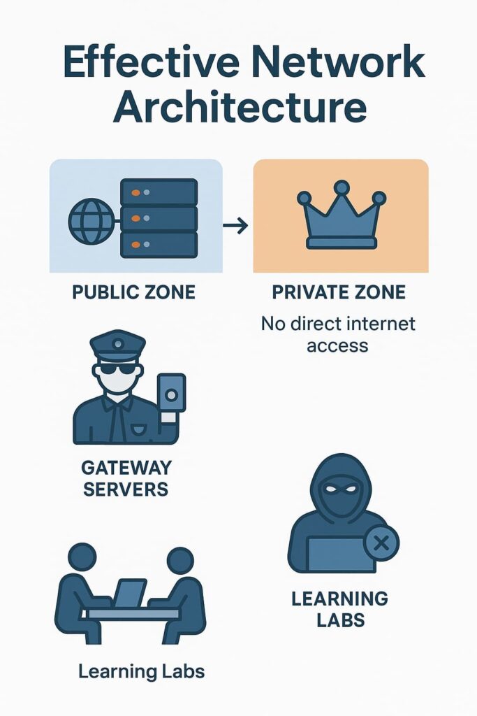 Illustration depicting the key elements of an effective network architecture: public zone, private zone, gateway servers, and learning labs.
