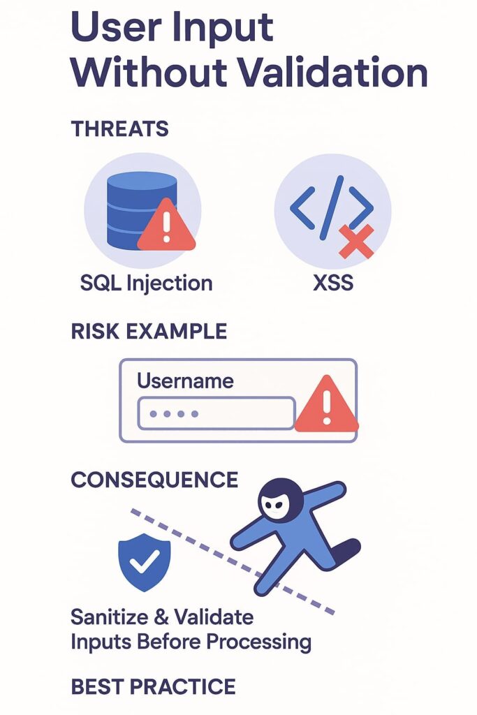 Infographic depicting security threats from unvalidated user input and the consequence of not sanitizing inputs.