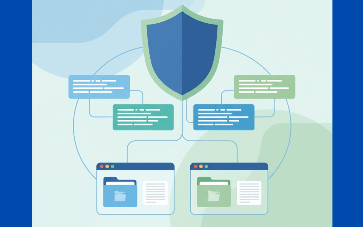 Simplified software security model with a shield and connected folders.
