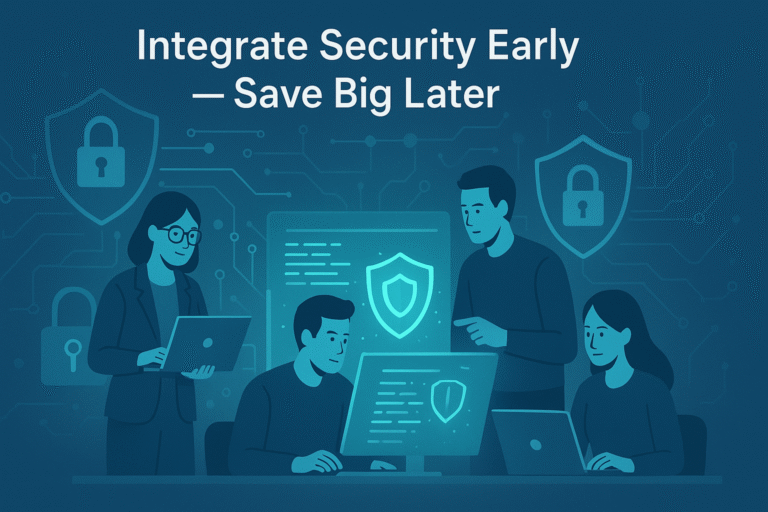 Integrate security early to save big: A team collaborating on cybersecurity measures for digital systems.