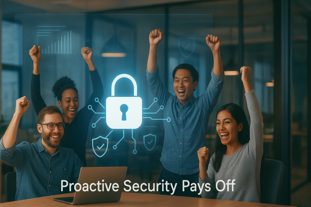 Integrating security from the start yields dividends: A team celebrates the success of their proactive cybersecurity approach.
