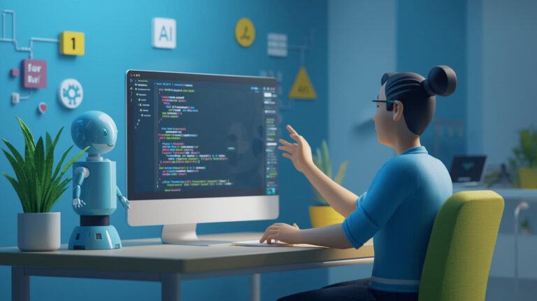 A conceptual graphic representing the synergy between humans and machines, depicting a developer and an AI counterpart working simultaneously on a shared coding project.